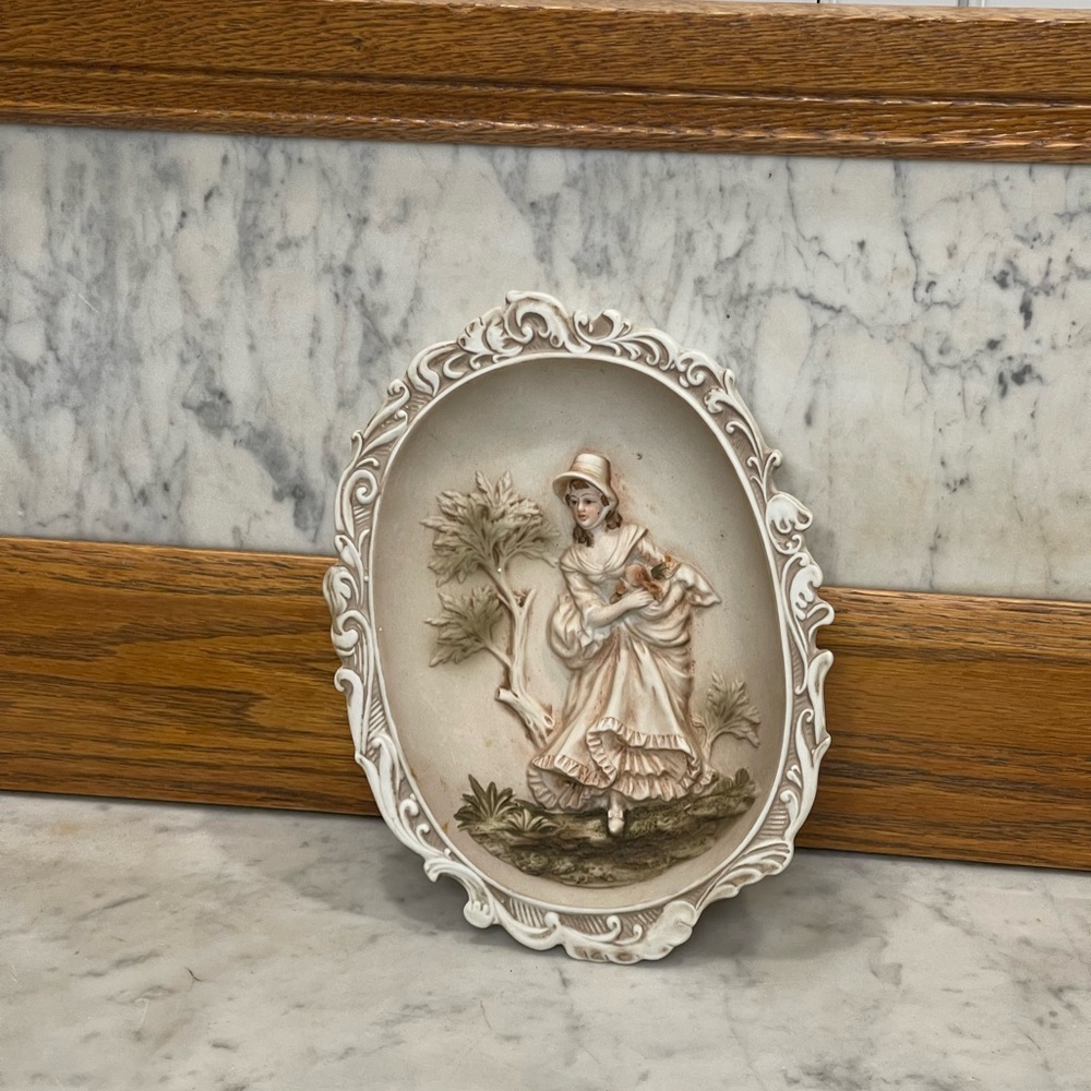VTG Lefton China hand painted 3D bisque porcelain wall plaque Victorian woman
